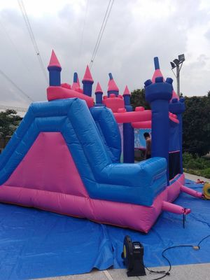 Pink And Blue 3 In 1 Combo Bounce House / Inflatable Jumping Castle With Slide